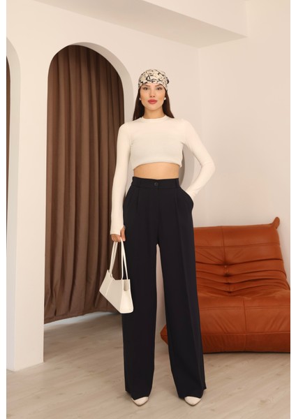 Kadın Lacivert Arkası Lastikli Palazzo Pantolon