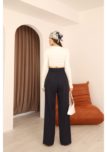 Kadın Lacivert Arkası Lastikli Palazzo Pantolon modelleri
