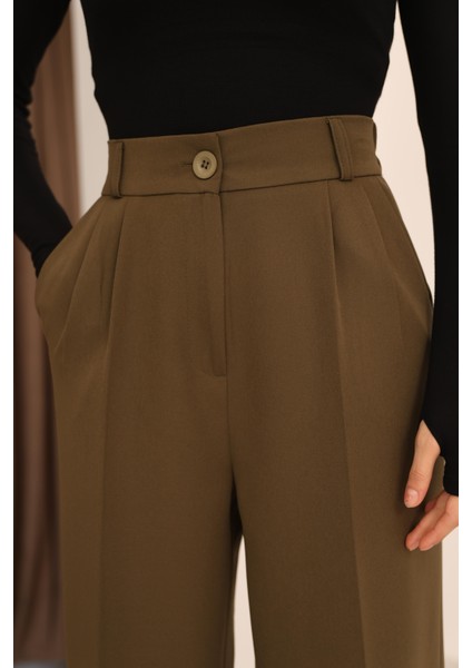 Kadın Haki Arkası Lastikli Palazzo Pantolon
