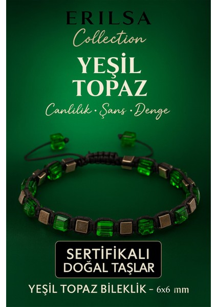 Sertifikalı Doğal Terahertz - Yeşil Topaz Taşı Bileklik 6x6 mm - Canlılık Denge Taşı