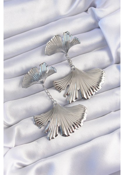 Bfs Pirinç Gümüş Renk Tırtıklı Yaprak Model Sallantılı Küpe