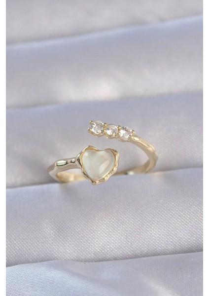 Bfs Pirinç Gold Renk Zirkon Taşlı Sedefli Kalp Model Ayarlanabilir Yüzük