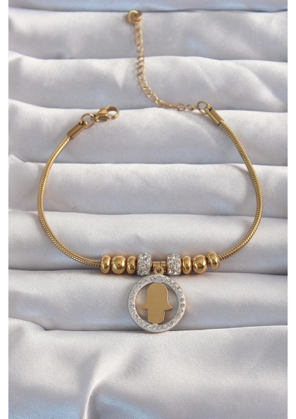 Bfs 316L Çelik Gold Renk Zirkon Taş Aksesuarlı Fatma Ana Eli Bileklik