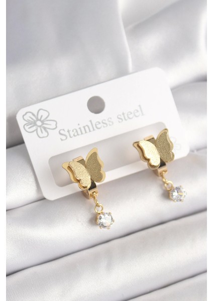 Bfs 316L Çelik Gold Renk Sallantı Zirkon Taş Detaylı Simli Kelebek Model Kadın Küpe