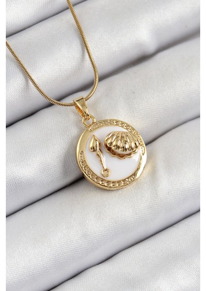 Bfs 316L Çelik Zincir Beyaz Mineli Sanatsal Portre Istiridye Model Gold Renk Kadın Kolye