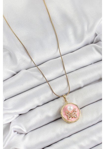 Bfs 316L Çelik Zincir Zirkon Taşlı Pembe Sanatsal Portre Inci Detaylı Kelebek Model Gold Renk K fiyatları