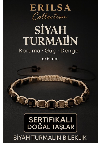 Sertifikalı Doğal Terahertz - Siyah Turmalin Taşı Bileklik 6x6 mm - Koruma ve Denge Taşı