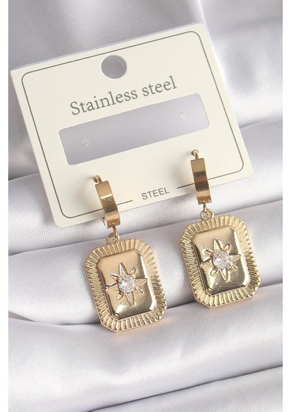 Bfs 316L Çelik Gold Renk Zirkon Taşlı Yıldız Işlemeli Kadın Küpe