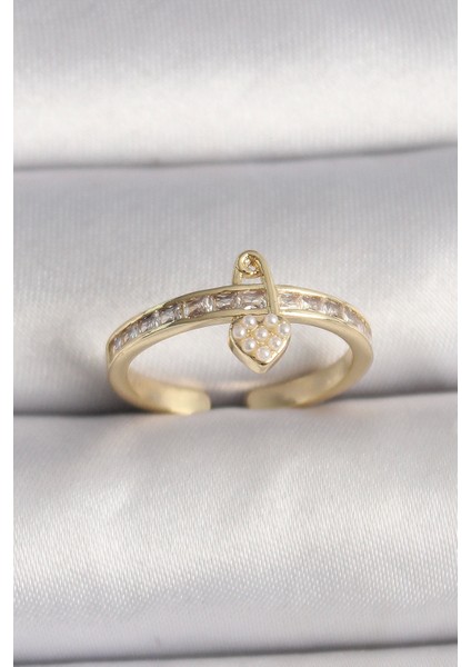 Bfs Pirinç Gold Renk Zirkon Taşlı Inci Detay Kilit Kalp Figür Ayarlanabilir Yüzük