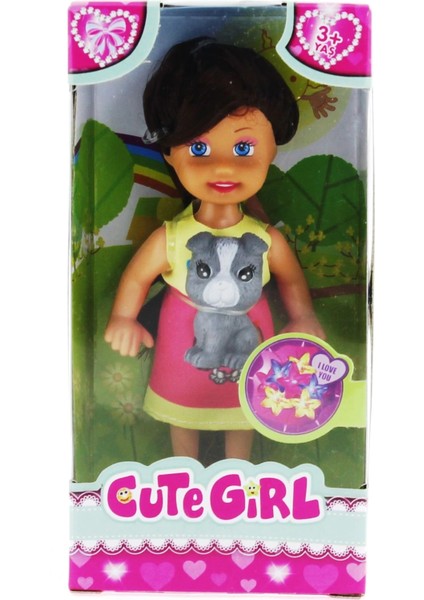 Cute Girl Gri Köpekli ve Kumral Mini Bebek