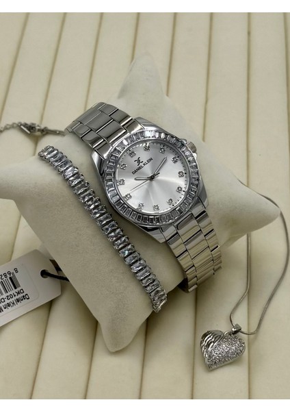 Hediyelik Orijinal Kadın Kol Saati 2 Yıl Garantili Çelik Kolye ve Bileklik Seti DKHB16