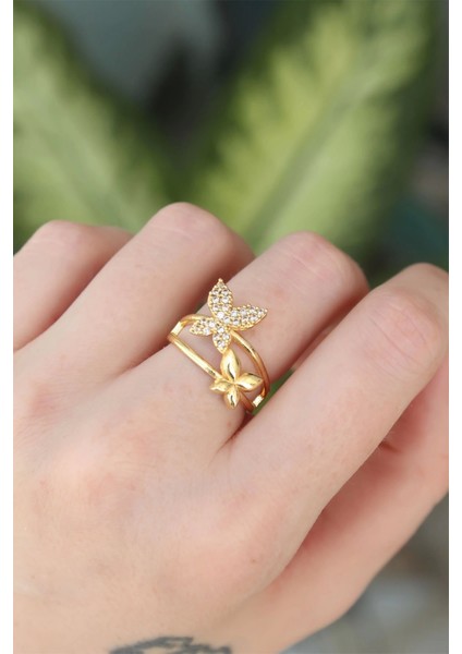 Bfs Pirinç Gold Renk Ayarlanabilir Zirkon Taşlı Kelebek Yüzük