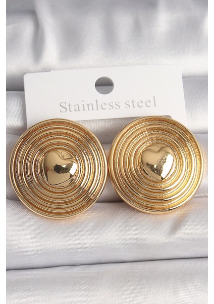 Bfs Pirinç Gold Renk Kalp Işlemeli Daire Plaka Model Kadın Küpe