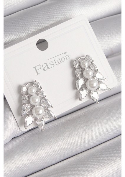 Bfs Pirinç Gümüş Renk Zirkon Taşlı Yaprak Model Inci Detay Kadın Küpe