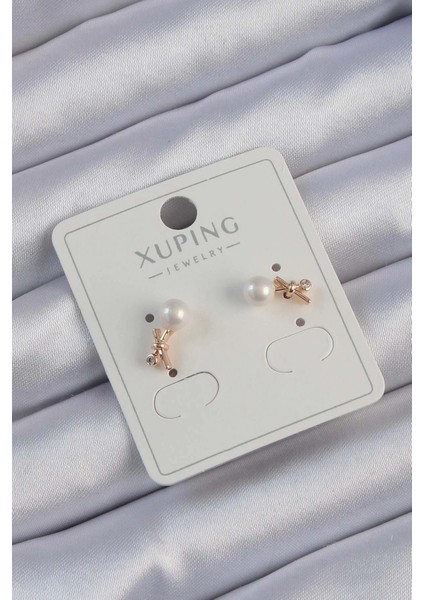 Bfs Xuping Rose Renk Zirkon Taşlı Incili Minimal Fiyonk Küpe