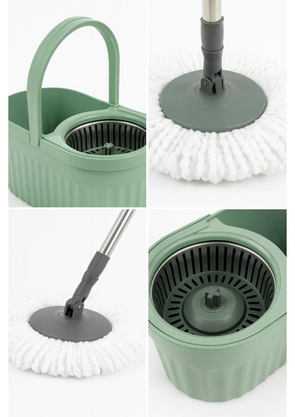 Otomatik Mop Seti Paspas ve Sıkma Kovası, 360° Döner Başlıklı Mikrofiber Yer Temizleme Yeşil fiyatları