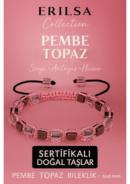Sertifikalı Doğal Terahertz - Pembe Topaz Taşı Bileklik 6x6 mm - Sevgi ve Huzur Taşı