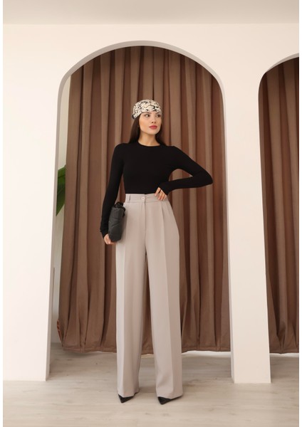 Kadın Gri Arkası Lastikli Palazzo Pantolon