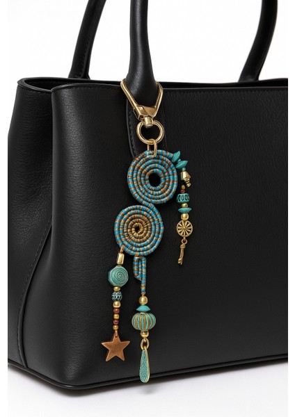 El Yapımı Yıldız Figürlü Mavi Bej & Kahverengi Bohem Çanta Süsü