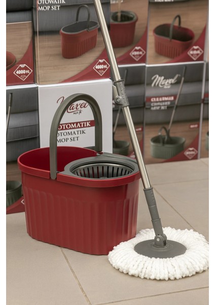 Otomatik Mop Seti Paspas ve Sıkma Kovası, 360° Döner Başlıklı Mikrofiber Yer Temizleme Bordo
