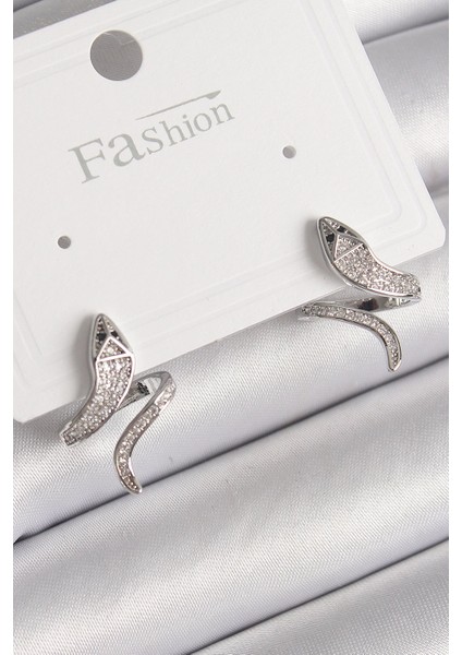 Bfs Pirinç Gümüş Renk Zirkon Taşlı Yılan Model Kadın Küpe