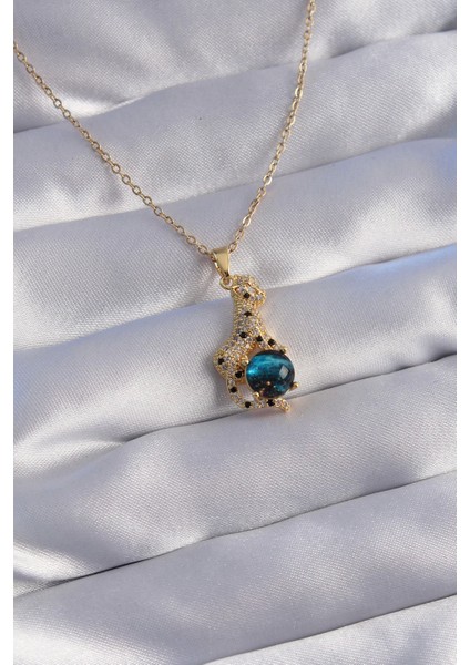 Bfs 316L Çelik Zincir Gold Renk Zirkon Taşlı Panter Figürlü Gezegen Kolye