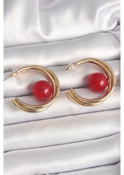 Bfs Pirinç Gold Renk Halka Model Kırmızı Boncuk Detay Kadın Küpe