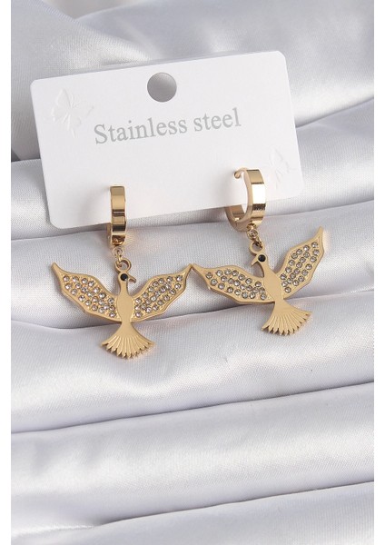 Bfs 316L Çelik Gold Renk Zirkon Taşlı Anka Kuşu Model Kadın Küpe