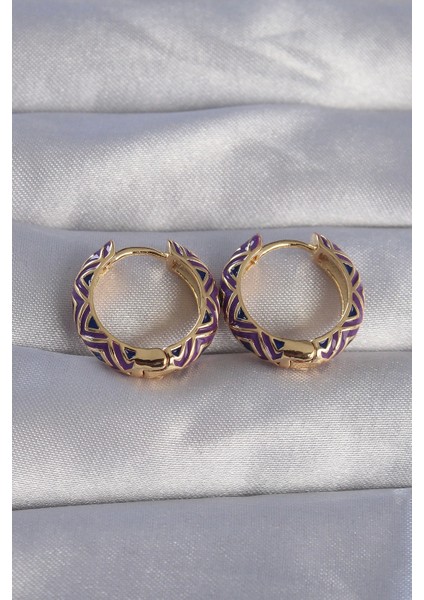 Bfs Pirinç Gold Renk Mor Etnik Desenli Halka Küpe