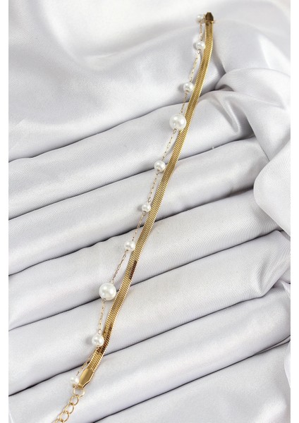 Bfs 316L Çelik Gold Renk Incili ve Italyan Zincirli Kadın Bileklik