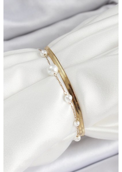 Bfs 316L Çelik Gold Renk Incili ve Italyan Zincirli Kadın Bileklik fiyatları