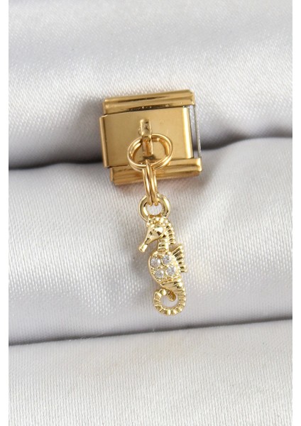 Bfs 316L Çelik Sallantılı Zirkon Taşlı Çiçek Model Gold Renk Nomination Charm