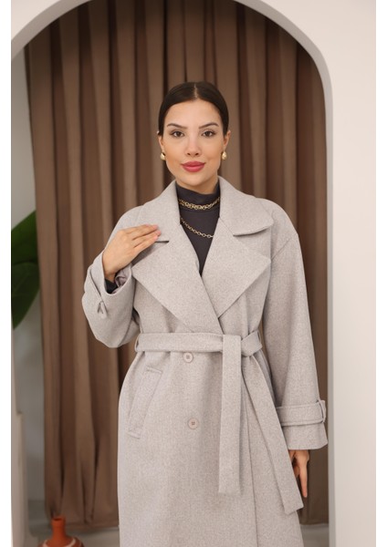 Kadın Gri Kruvaze Oversize Kuşaklı Uzun Kaşe Kaban fırsatları