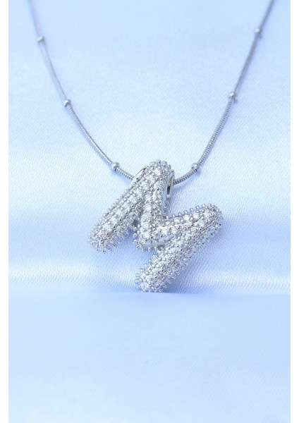 Bfs 316L Çelik Zincirli Zirkon Taşlı M Harfli Gümüş Renk Bubble Kolye