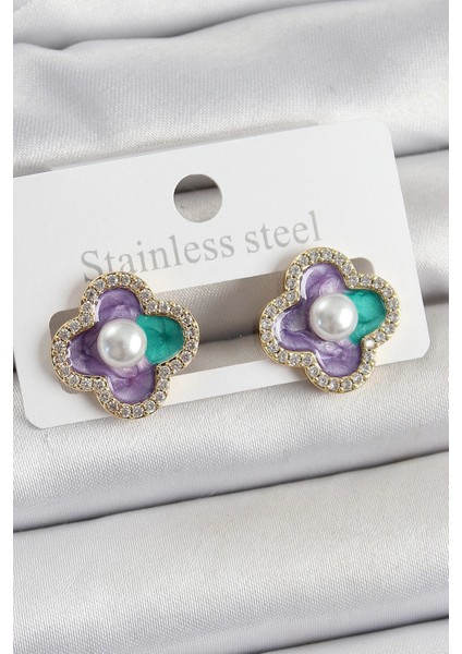 Bfs Pirinç Mor Mineli Inci Detaylı Zirkon Taşlı Sanatsal Portre Yonca Model Gold Renk Kadın K�