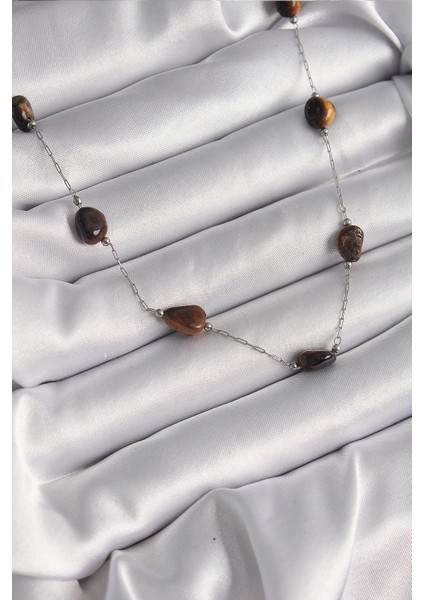 Bfs 316L Çelik Gümüş Renk Zincir Kahverengi Doğaltaş Model Kadın Kolye