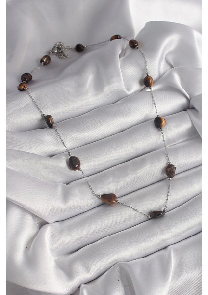 Bfs 316L Çelik Gümüş Renk Zincir Kahverengi Doğaltaş Model Kadın Kolye fiyatları