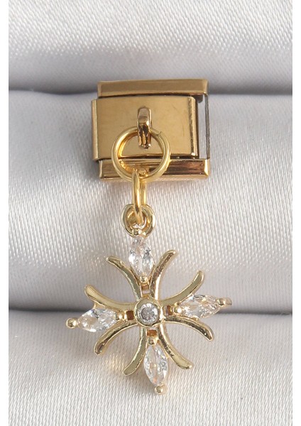 Bfs 316L Çelik Gold Renk Sallantı Zirkon Taşlı Kar Tanesi Model Nomination Charm