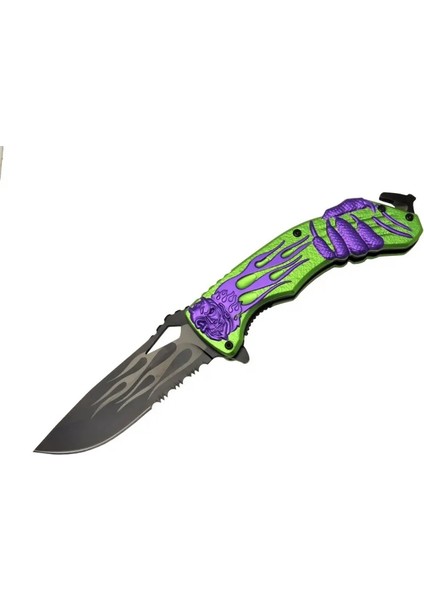 Lanmark MX20B Testereli Outdoor Çakı 22 cm - Yeşil Metal Sap, Otomatik, Ip Kesme