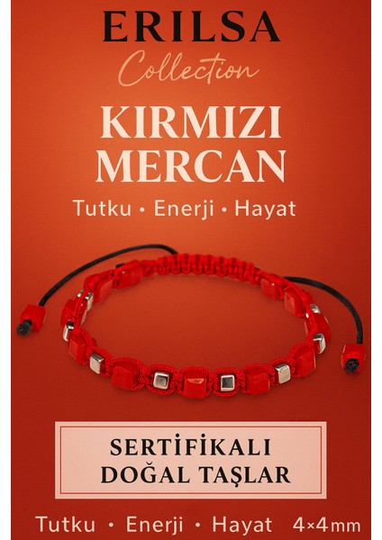 Sertifikalı Doğal Terahertz - Kırmızı Mercan Taşı Bileklik 4x4 mm - Enerji ve Tutku Taşı