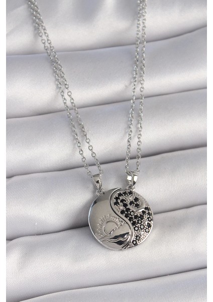 Bfs 316L Çelik Gümüş Renk Zincir Zirkon Taşlı Ying Yang Model Gün Batımı Işlemeli Arakda�