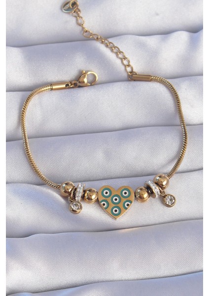 Bfs 316L Çelik Gold Renk Zirkon Taşlı Nazarlı Kalp Tasarımlı Bileklik