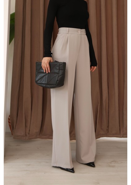 Kadın Gri Arkası Lastikli Palazzo Pantolon modelleri