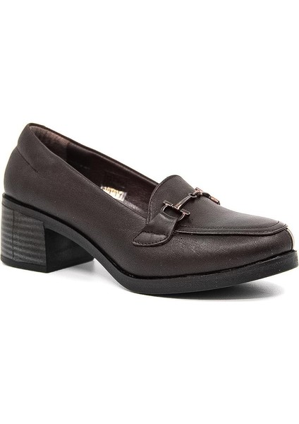 25520 Deri- Kısa Topuklu Kadın Klasik Ayakkabı - Kahverengi