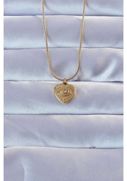 Bfs 316L Altın Renk Zirkon Taşlı Işlemeli Göz Detay Kalp Kolye