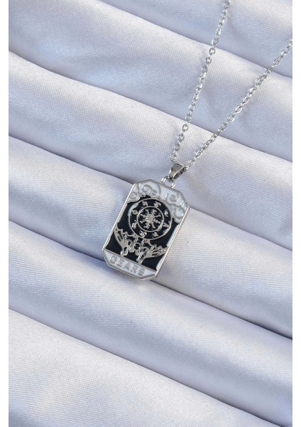 Bfs 316L Çelik Zincir Gümüş Renk Işlemeli Siyah Mineli Tarot Kolye