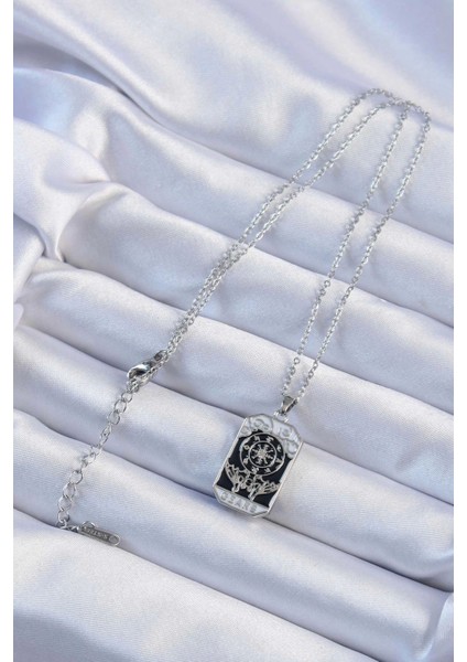 Bfs 316L Çelik Zincir Gümüş Renk Işlemeli Siyah Mineli Tarot Kolye fiyatları