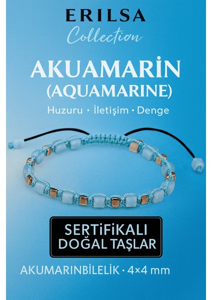 Sertifikalı Doğal Terahertz - Akuamarin Taşı Bileklik 4x4 mm - Huzur ve Dinginlik Taşı