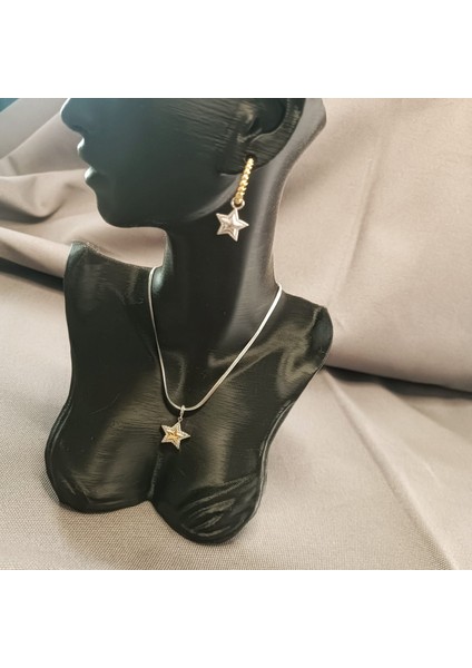 Yıldız Uçlu Kolye & Yıldız Sallantılı Küpe & Üç Renkli Burgu Zincir Kolye 316L Çelik Gold Renk fiyatları