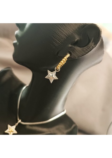Yıldız Uçlu Kolye & Yıldız Sallantılı Küpe & Üç Renkli Burgu Zincir Kolye 316L Çelik Gold Renk modelleri
